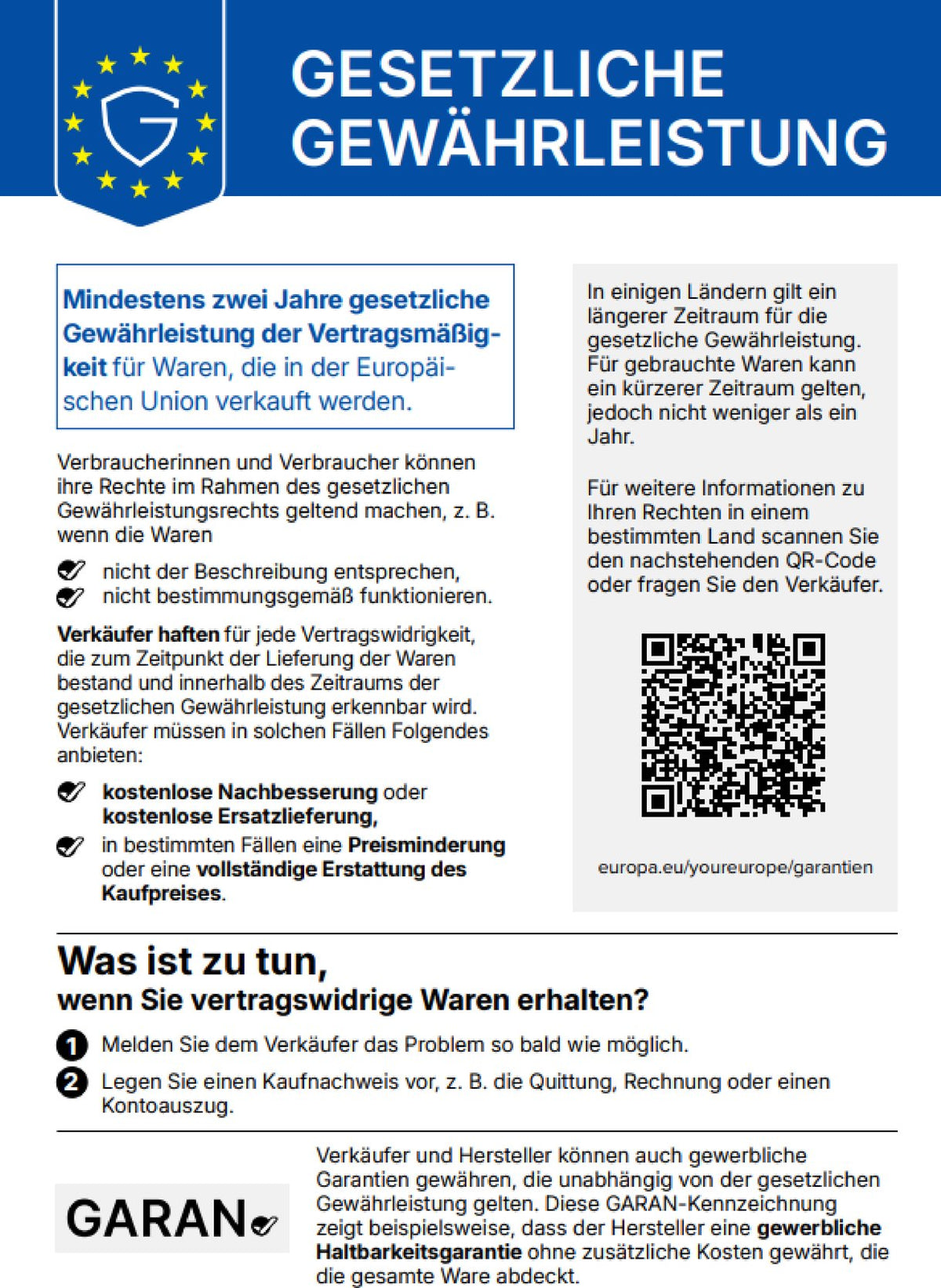 EU-Gewährleistungslabel: In der EU gilt mindestens 2 Jahre gesetzliche Gewährleistung.
